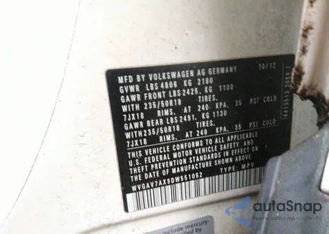 2013 Volkswagen Tiguan Se from USA, damaged, VIN WVGAV7AX9DW551052